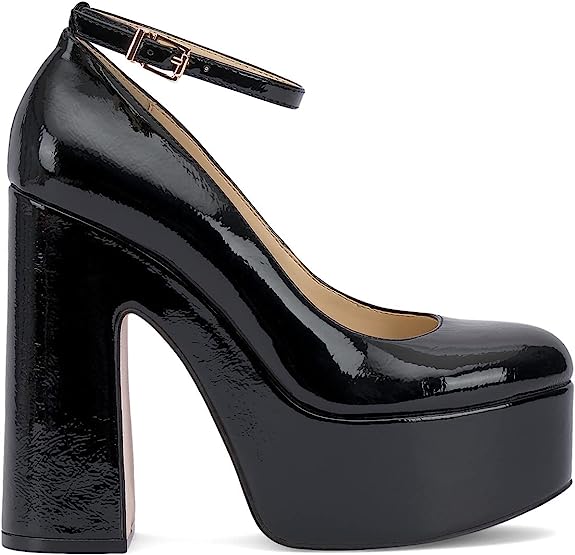 Macee Black Buckle Ankle Strap Block Chunky High Heel Pump Shoes (Black, 8.5)